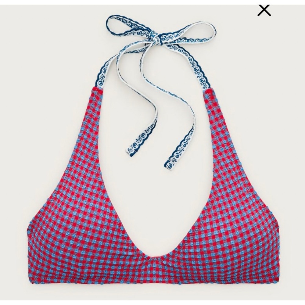 J.Crew Halter-Neck Bikini Top Scalloped Gingham Size Small Red Blue Beach Boho